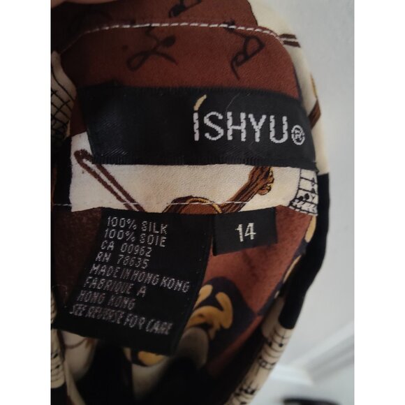Ishyu 100% Silk Violin Music Patchwork Button Up Blouse Top 14/L - Picture 7 of 8